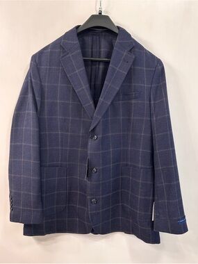 NWT Stafford Blazer Sport Coat Windowpane Navy Blue Mens 46R Wool Blend $198